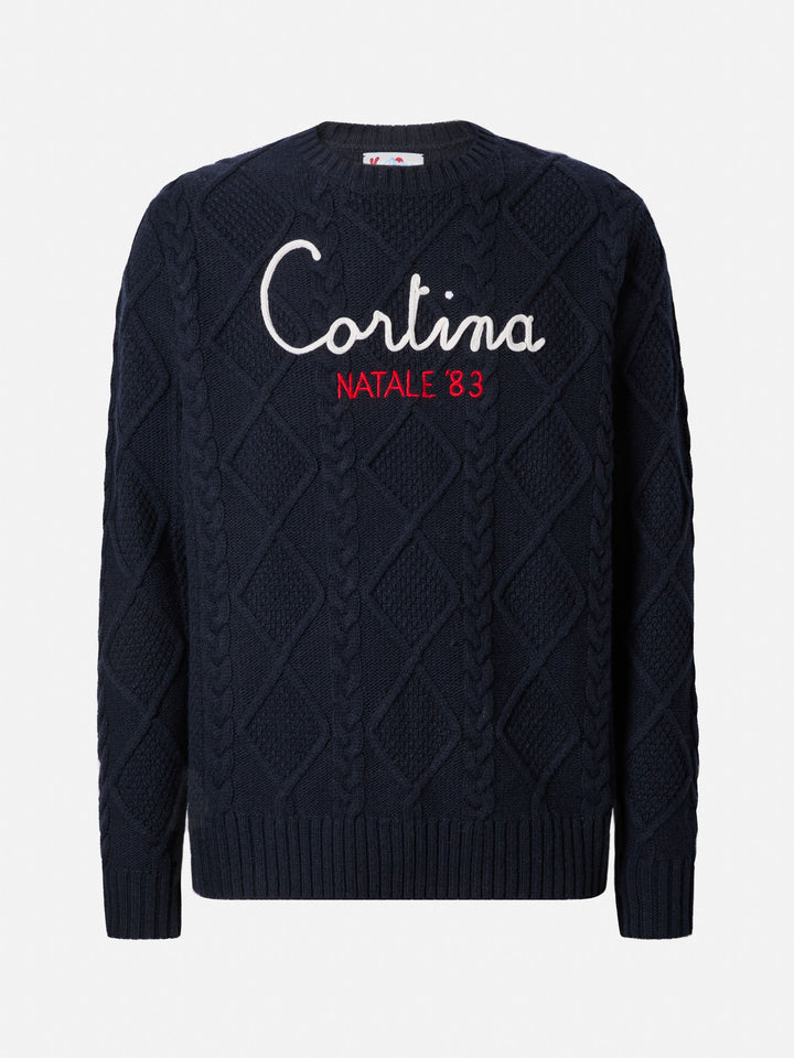 Blue crewneck sweater Bergen Tricot with Cortina Natale '83 embroidery