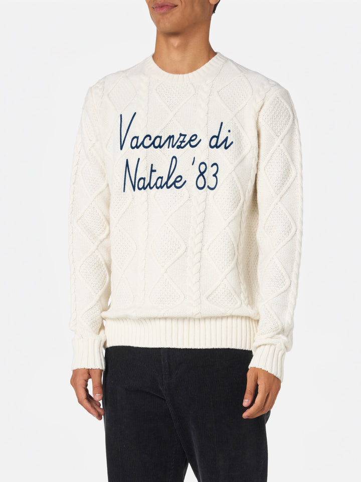 White crewneck sweater Bergen Tricot with Vacanze di Natale '83 embroidery