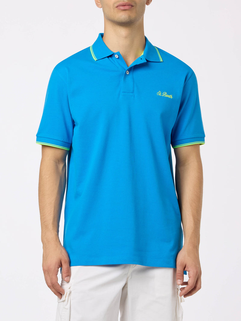 Polo da uomo in piquet di cotone bluette Beverly Hills con ricamo palma