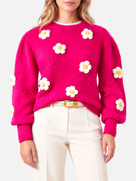 Suéter cepillado fucsia Bloom con flores de crochet 