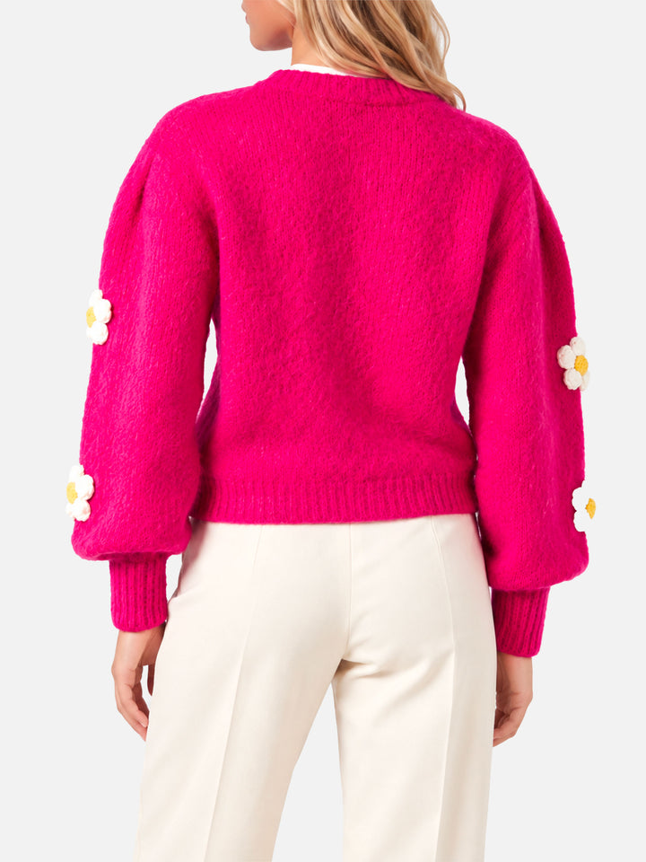 Bloom fuchsia brushed sweater with crochet flowers