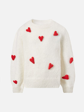 Brushed sweater Bloom Soft with crochet hearts appliqués