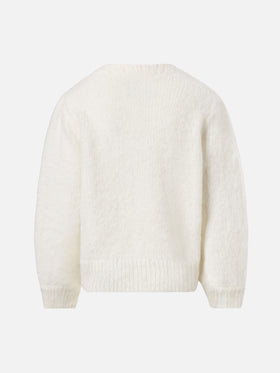 Brushed sweater Bloom Soft with crochet hearts appliqués