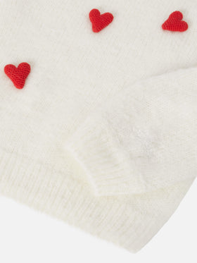 Brushed sweater Bloom Soft with crochet hearts appliqués