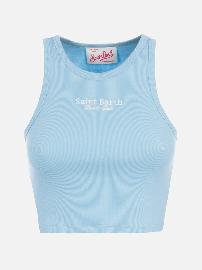 Woman rib-knit cotton crop tank with Saint Barth Beach Club embroidery