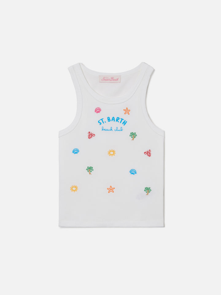 Blue Jr Tank-Top aus weißer Stretch-Baumwolle mit mehrfarbiger Stickerei 