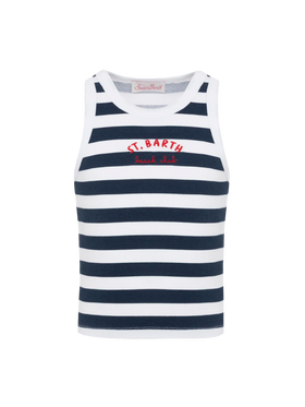 Blue Jr marineblau gestreiftes Rippenstrick-Top aus Baumwolle mit Stickerei