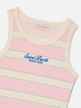 Blue Jr Tank-Top with pink, white and green stripes and embroidered logo
