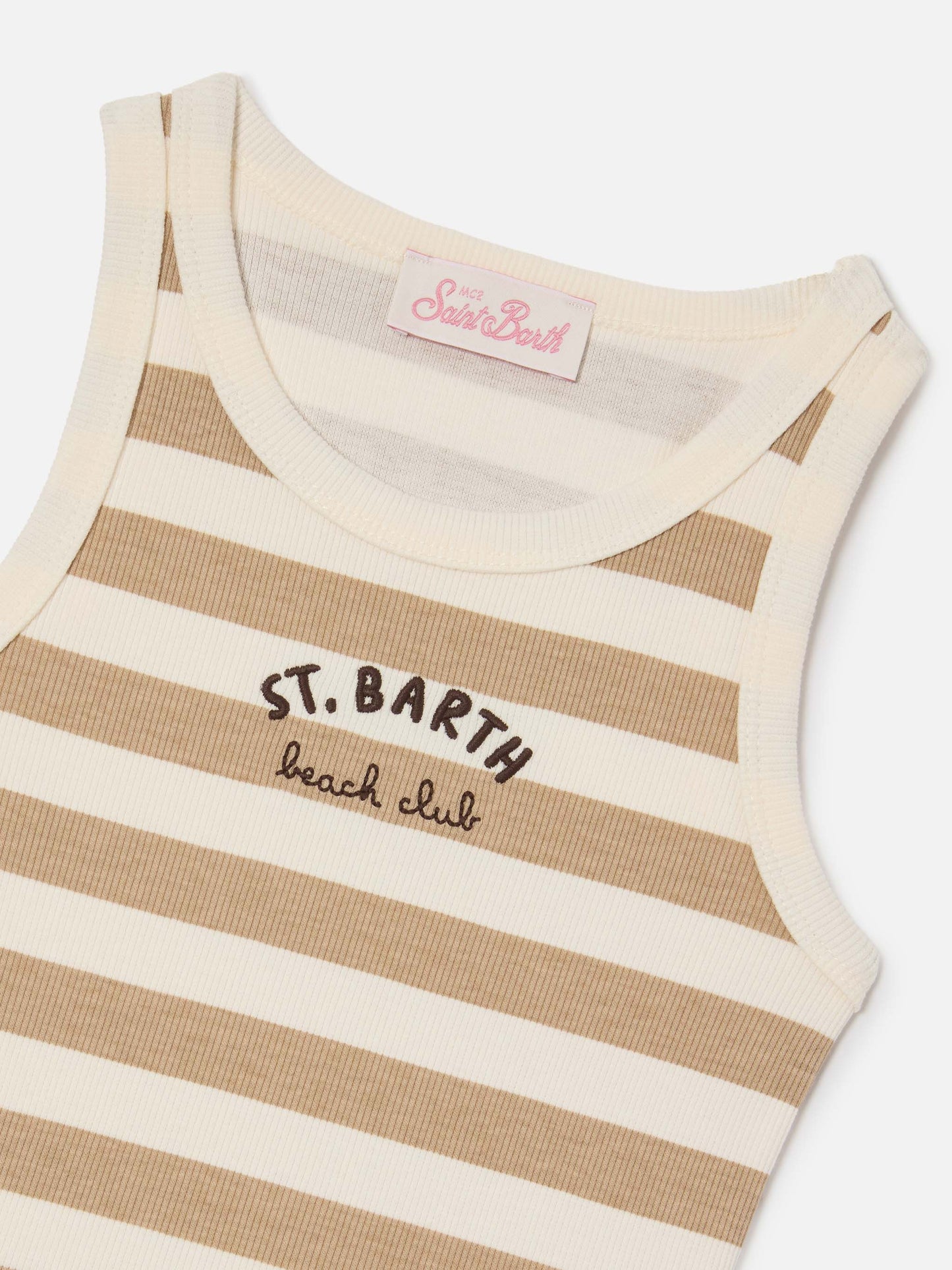 Top Blue Jr a righe beige e bianche con logo ricamato