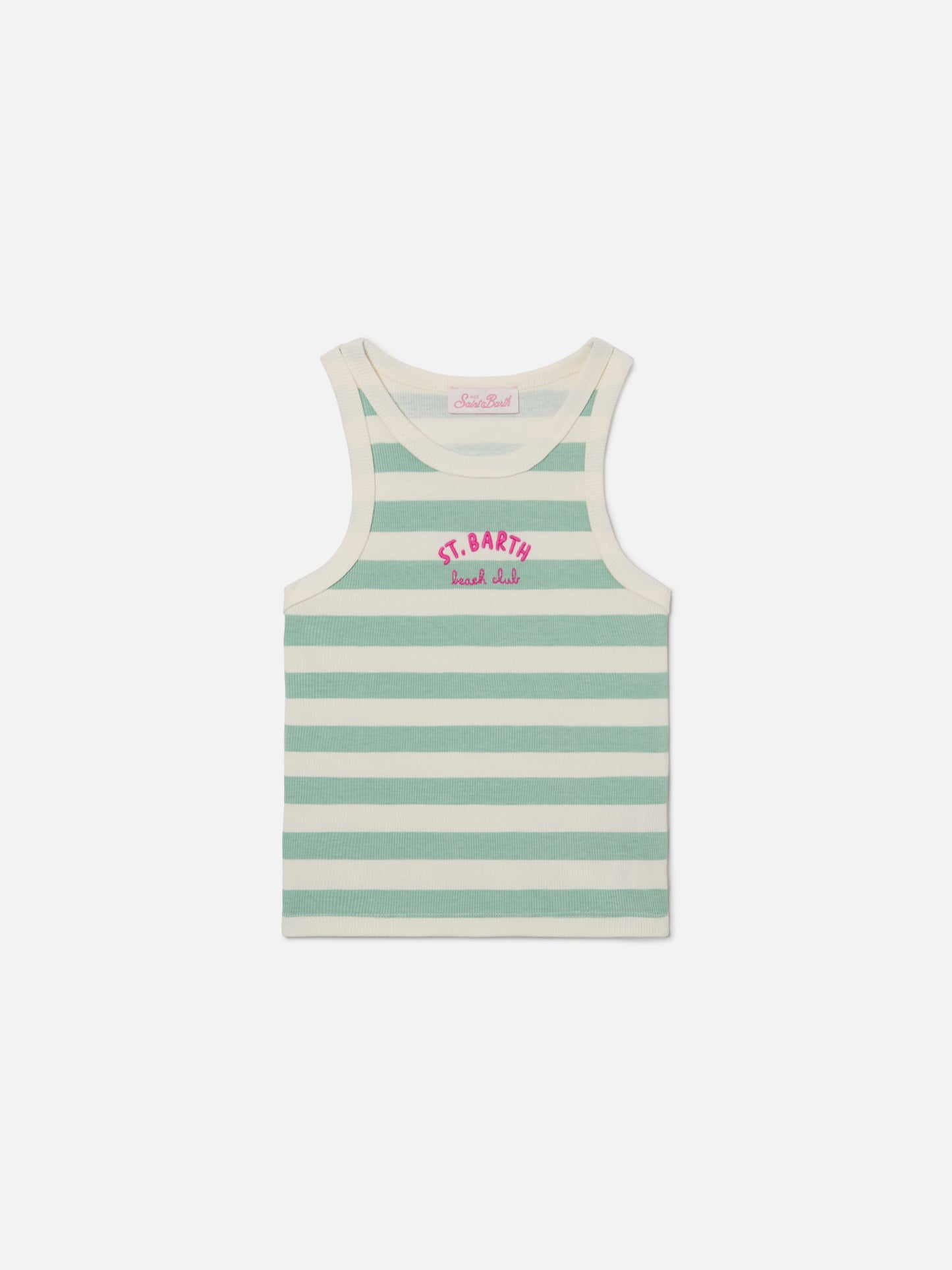 Blue Jr Tank-Top with green and white stripes and embroidered logo