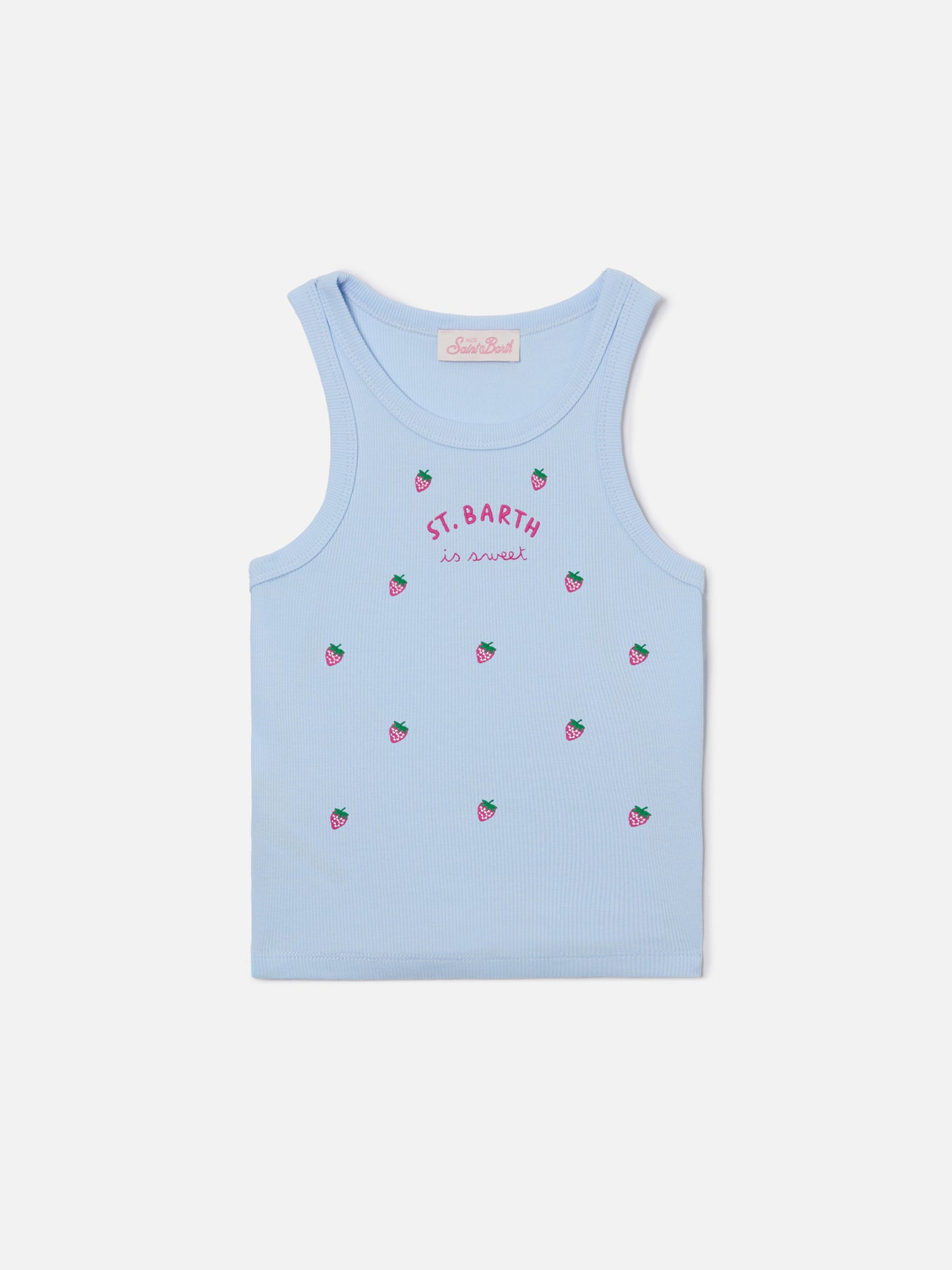 Top Blue Jr azzurro con ricami St. Barth is sweet e fragole