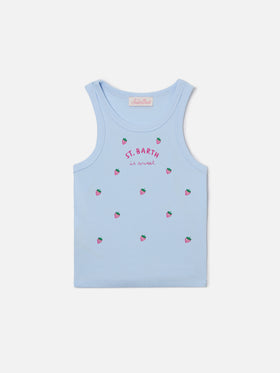 Top Blue Jr azzurro con ricami St. Barth is sweet e fragole
