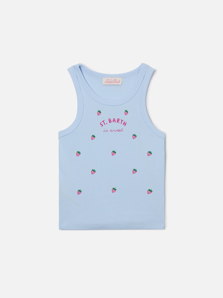 Débardeur Blue Jr bleu clair avec broderie St. Barth is sweet et fraises 