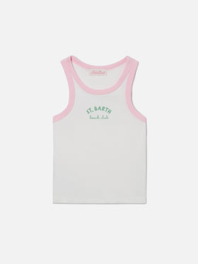 Top Blue Jr bianco con logo ricamato e profili rosa