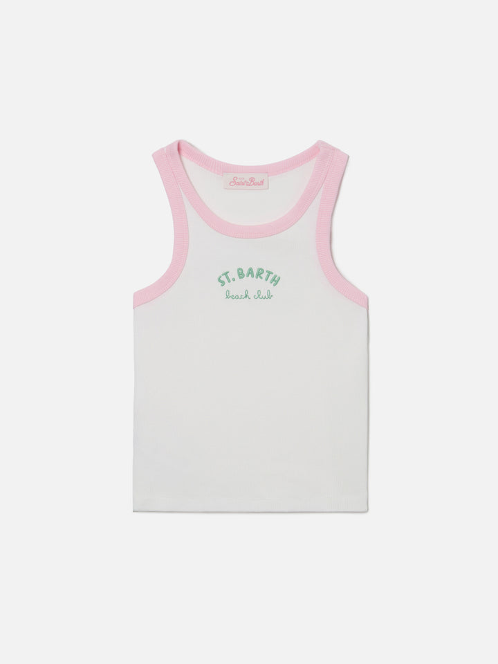 Blue Jr Tank-Top in Weiß mit gesticktem Logo und rosa Besätzen 