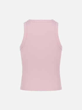 Blaues Jr.-rosa kurzes Tanktop aus Baumwolle mit Rippenstrick und Stickerei