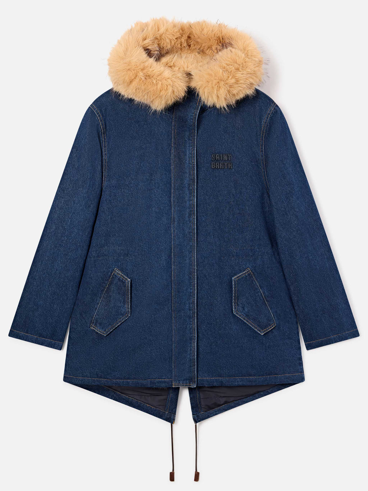 Parka Brenna blu in denim di cotone con cappuccio in effetto pelliccia