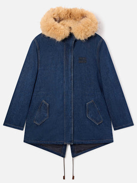 Parka Brenna blu in denim di cotone con cappuccio in effetto pelliccia