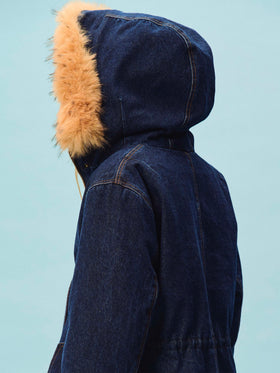 Parka Brenna blu in denim di cotone con cappuccio in effetto pelliccia