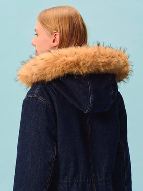 Parka Brenna blu in denim di cotone con cappuccio in effetto pelliccia