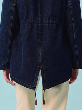 Parka Brenna blu in denim di cotone con cappuccio in effetto pelliccia