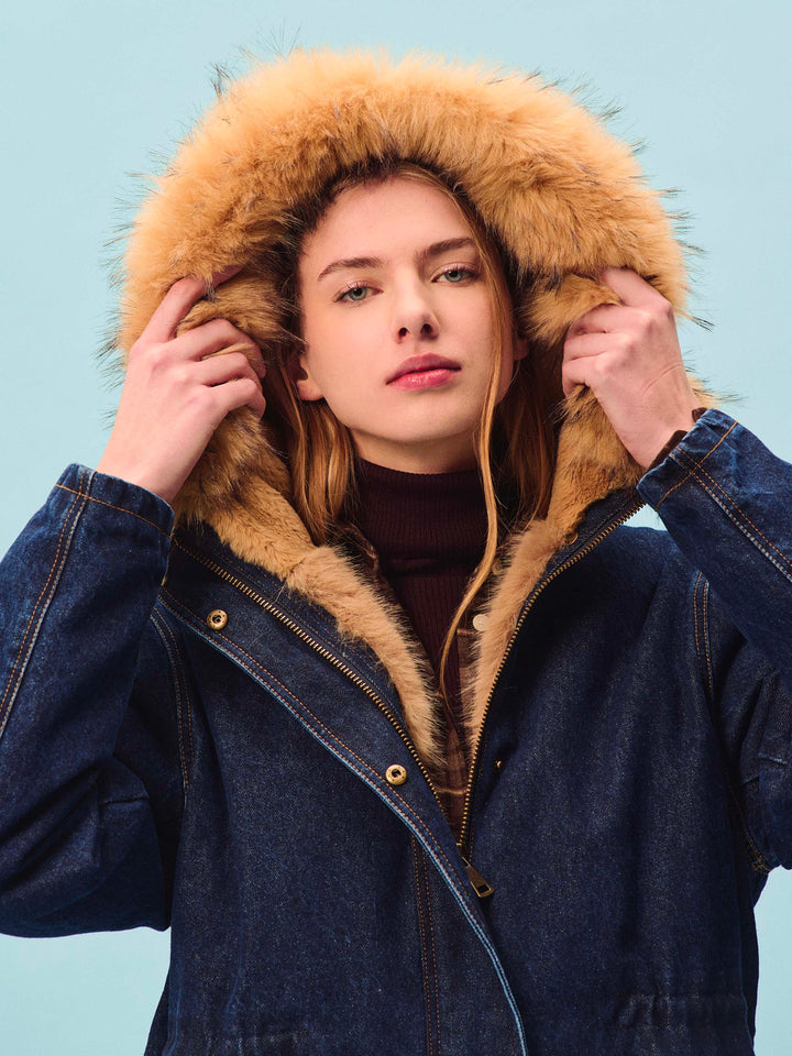 Blue Parka Brenna en denim de coton avec capuche en fausse fourrure 