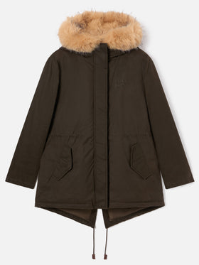 Military-grüner Brenna Parka aus gewachstem Baumwollmix mit Kapuze aus Faux Fur 