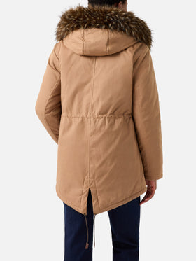Parka ciré Brenna beige en mélange de coton avec capuche en fausse fourrure 