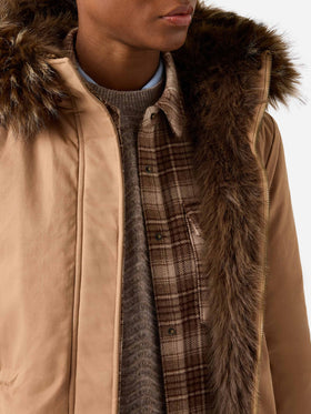 Parka ciré Brenna beige en mélange de coton avec capuche en fausse fourrure 
