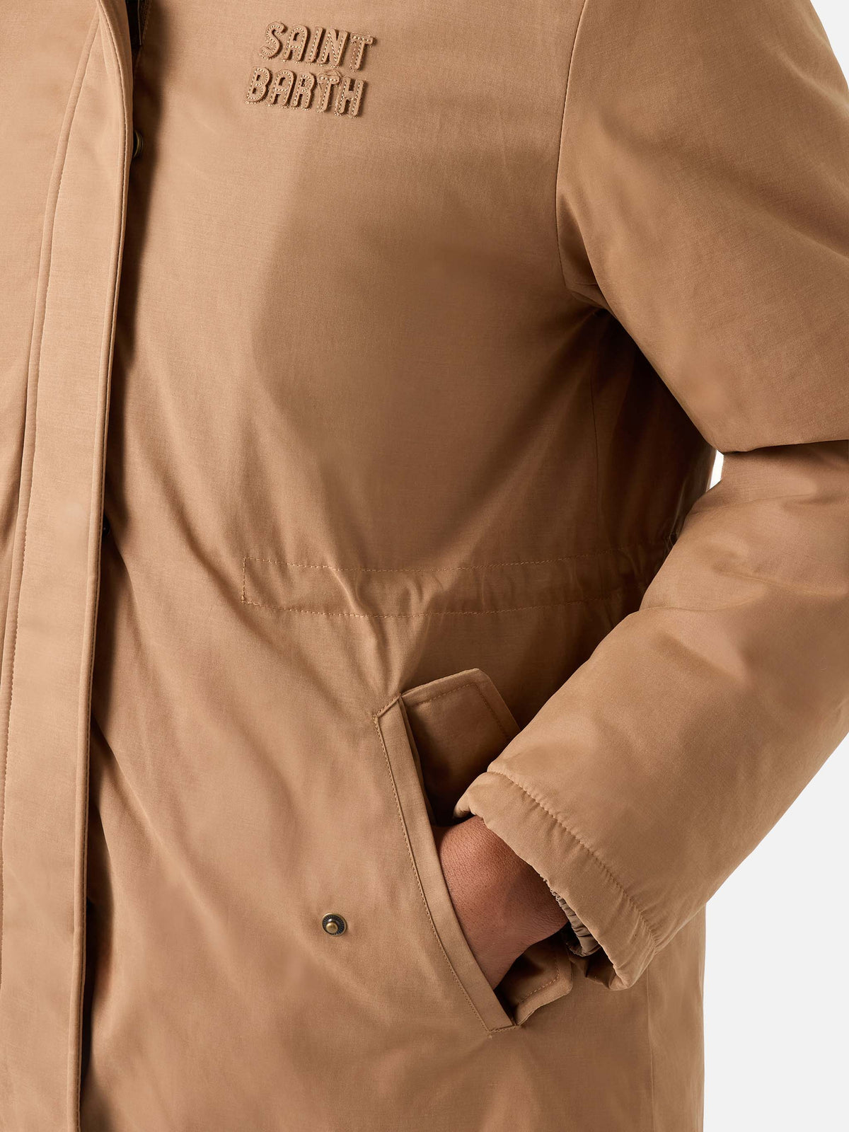 Parka ciré Brenna beige en mélange de coton avec capuche en fausse fourrure 