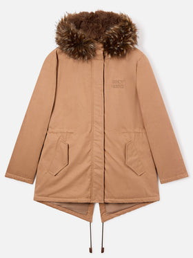 Parka ciré Brenna beige en mélange de coton avec capuche en fausse fourrure 