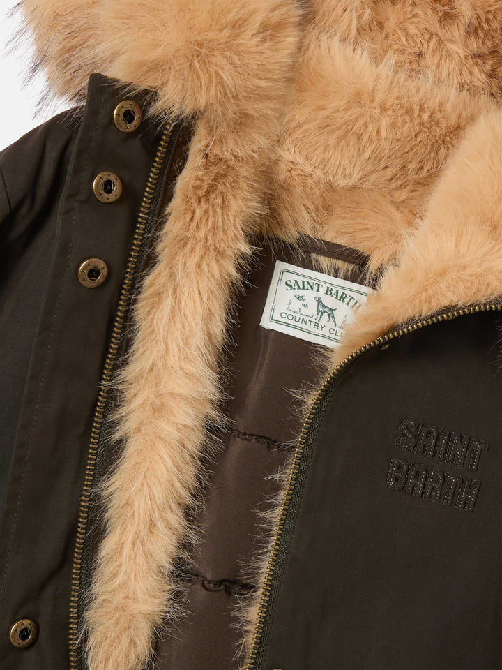 Military green Brenna waxed parka with faux fur hood