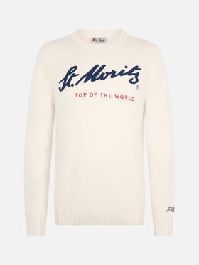 Maglione bianco da uomo Bombardino con stampa St. Moritz Top of the World | ST. MORITZ TOP OF THE WORLD SPECIAL EDITION