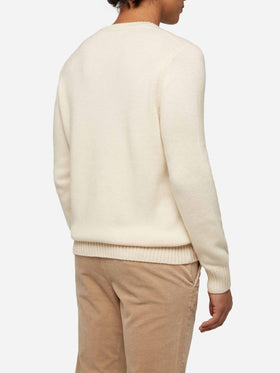 Weißer Pullover Bombardino Light mit Engadiner Skifahrer-Jacquard