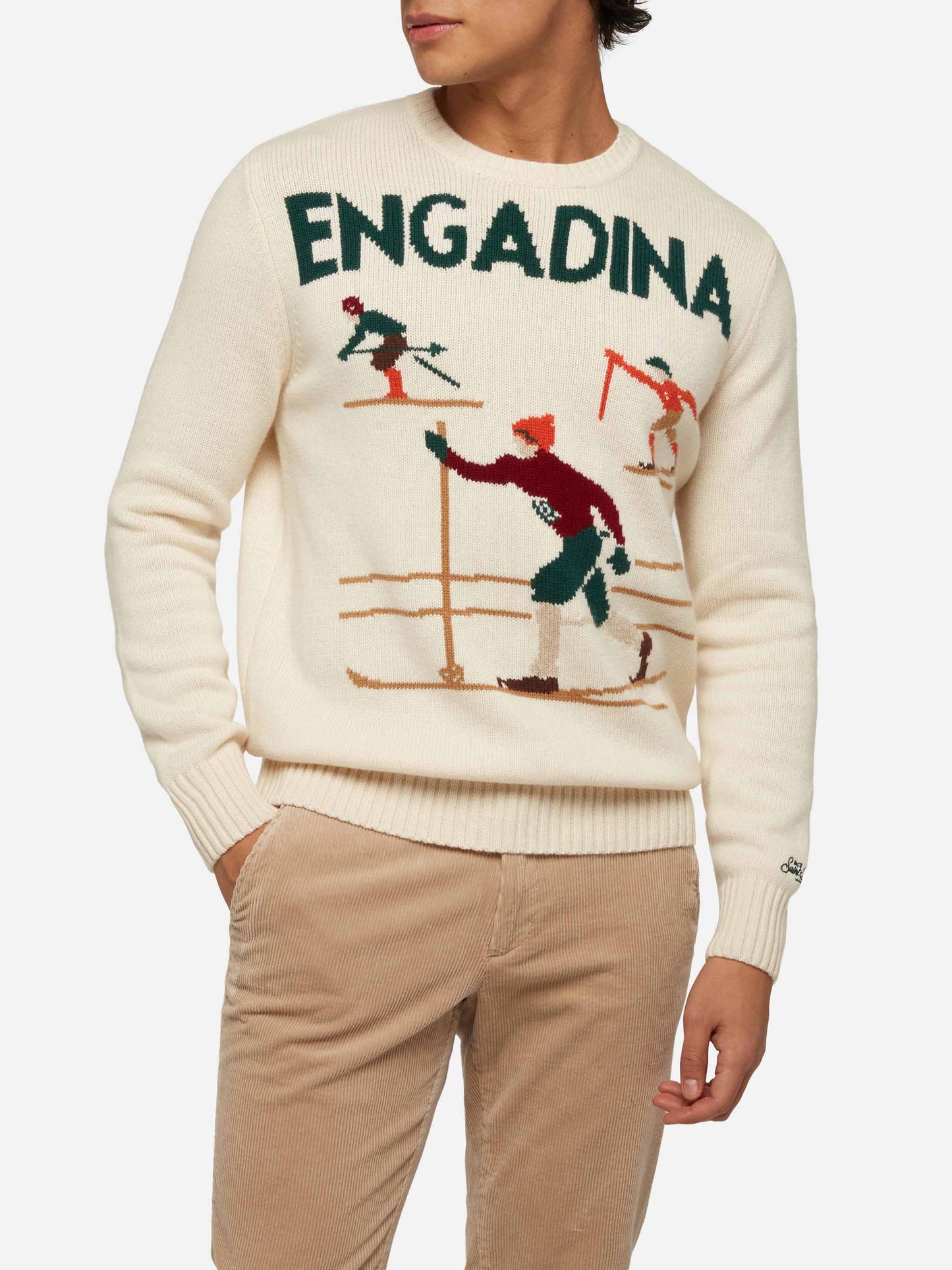 Weißer Pullover Bombardino Light mit Engadiner Skifahrer-Jacquard