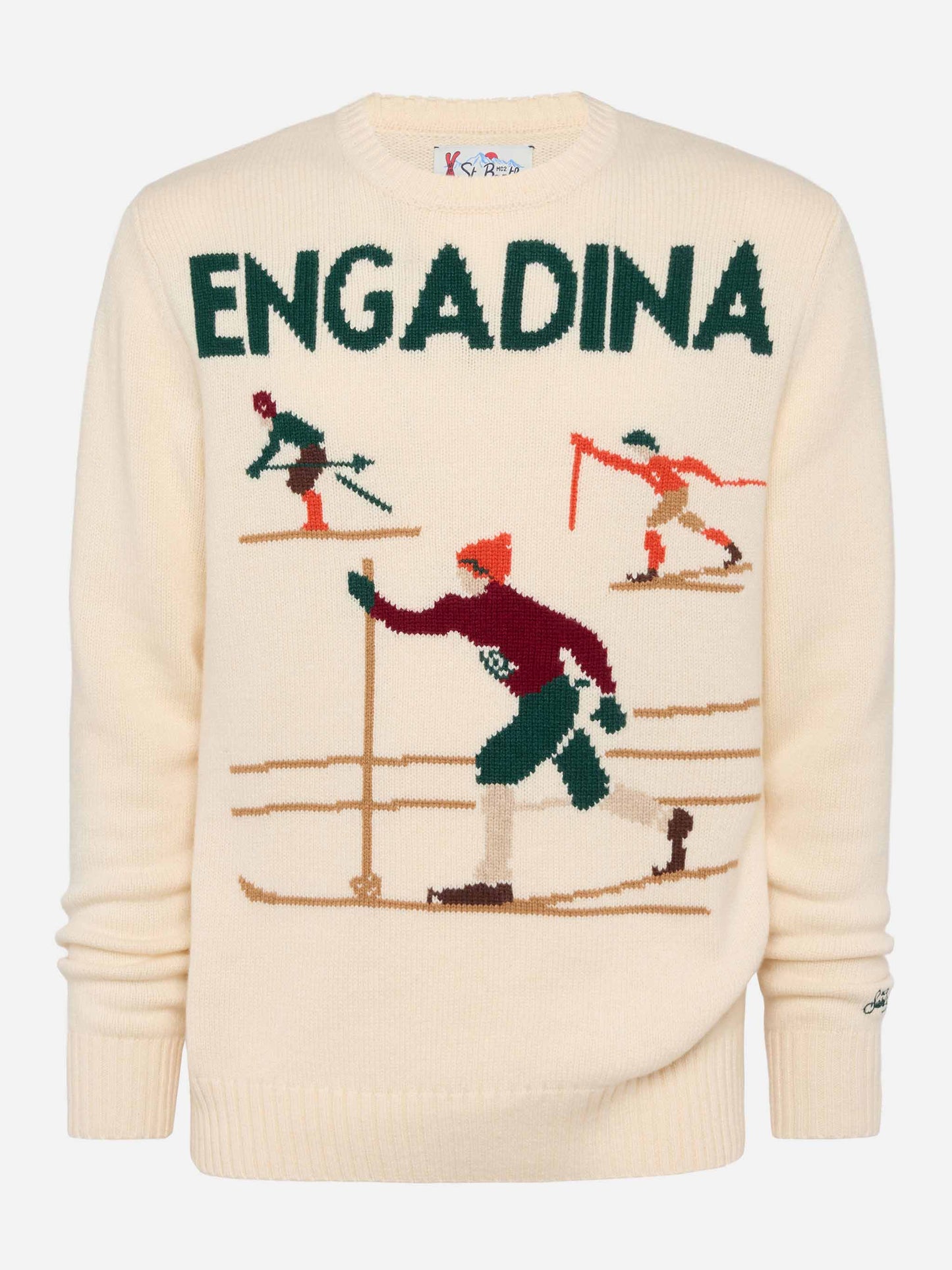 Weißer Pullover Bombardino Light mit Engadiner Skifahrer-Jacquard
