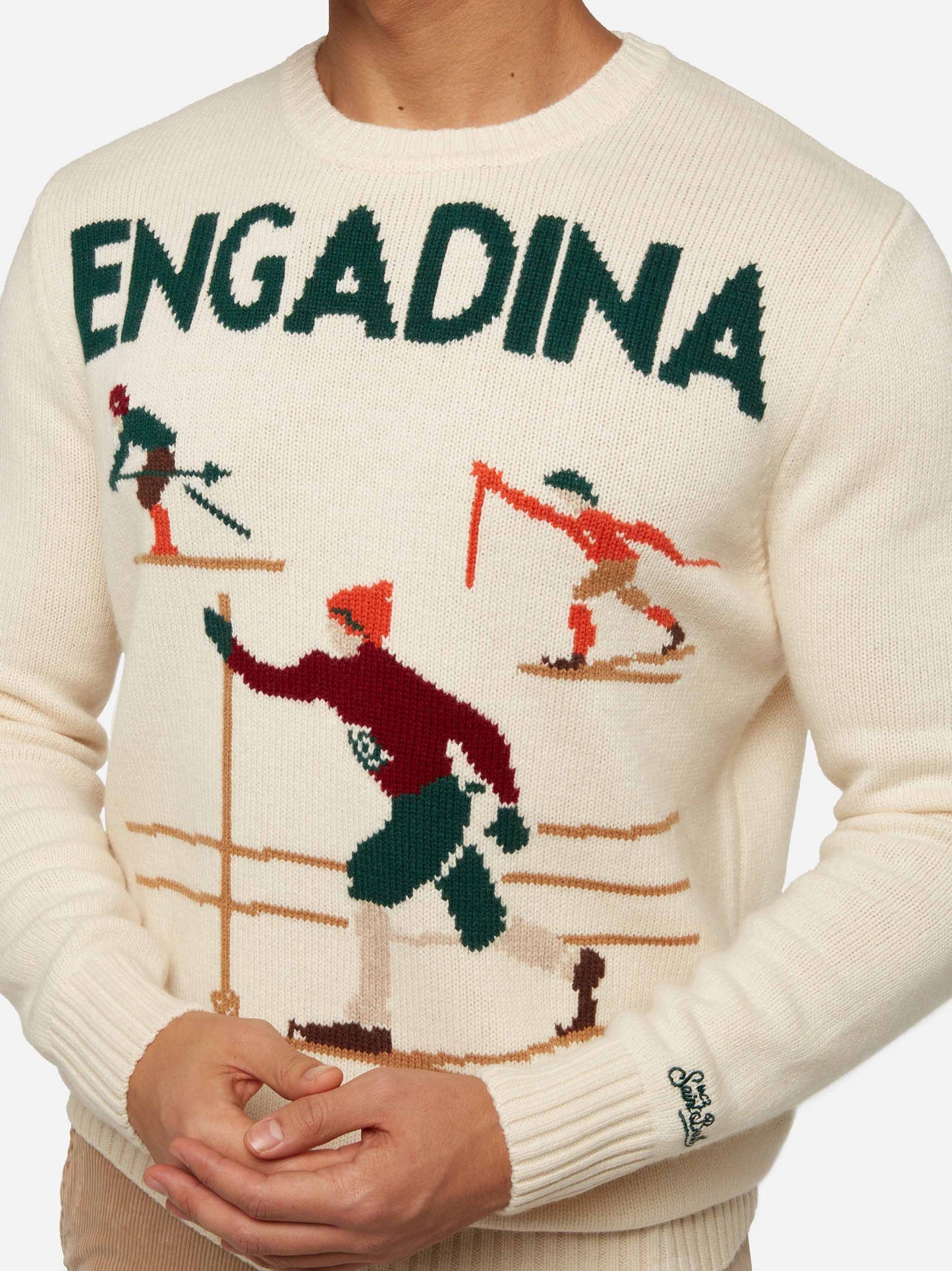 Weißer Pullover Bombardino Light mit Engadiner Skifahrer-Jacquard