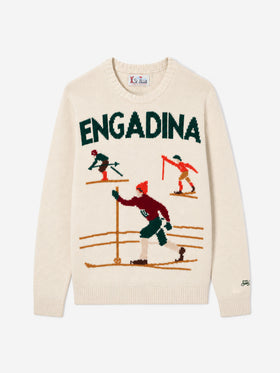 Pull blanc Bombardino Light avec jacquard skieurs Engadina 