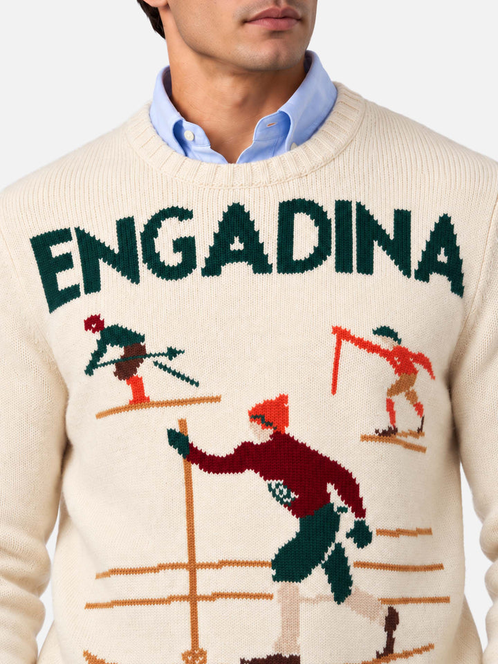Maglione Bombardino Light bianco panna con jacquard sciatori Engadina