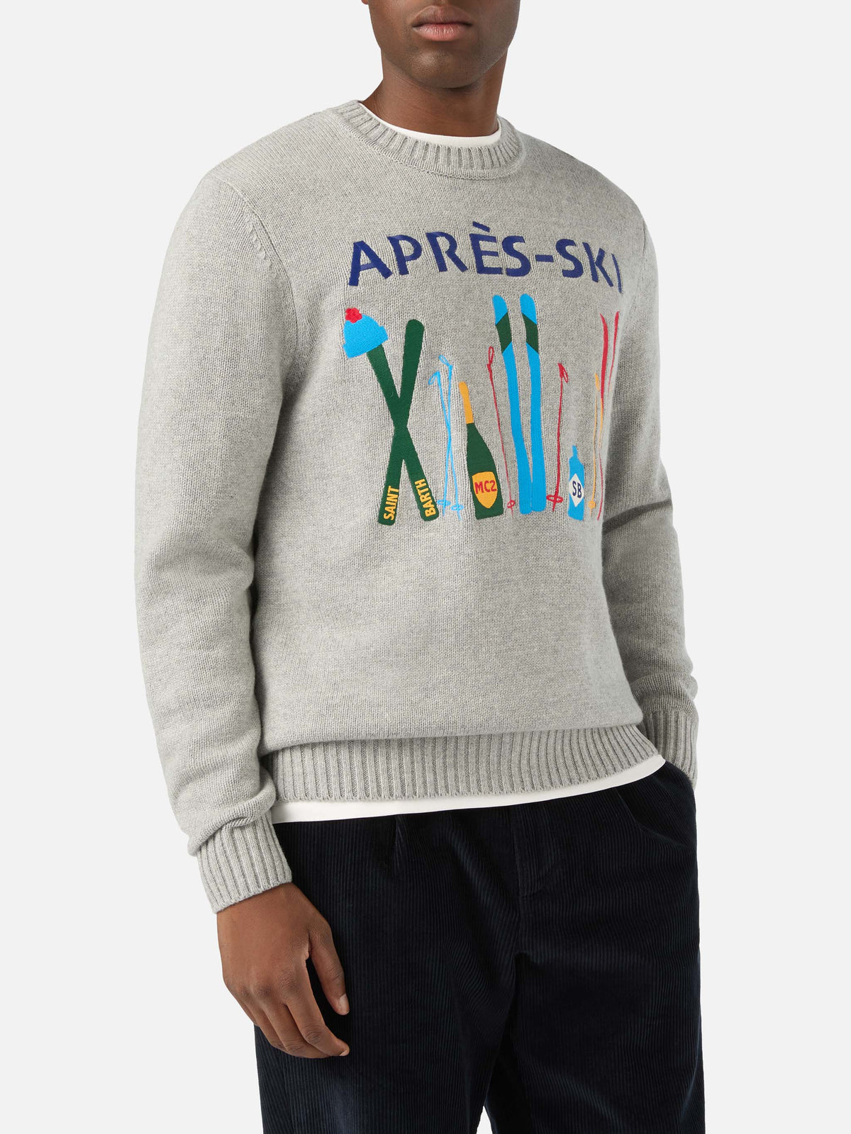 Grey Bombardino Light crewneck knit with Après Ski intarsia and embroidery