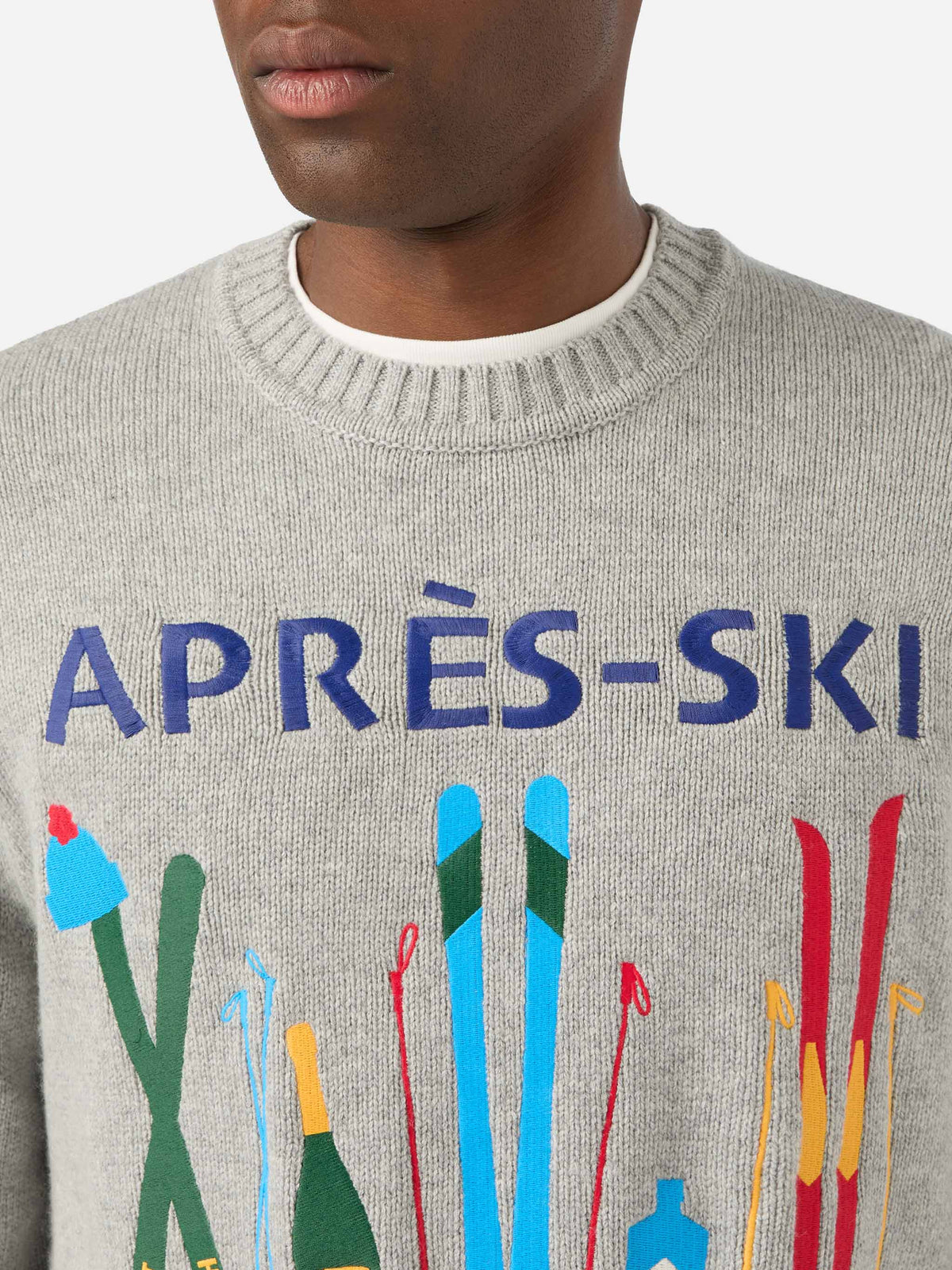 Grey Bombardino Light crewneck knit with Après Ski intarsia and embroidery