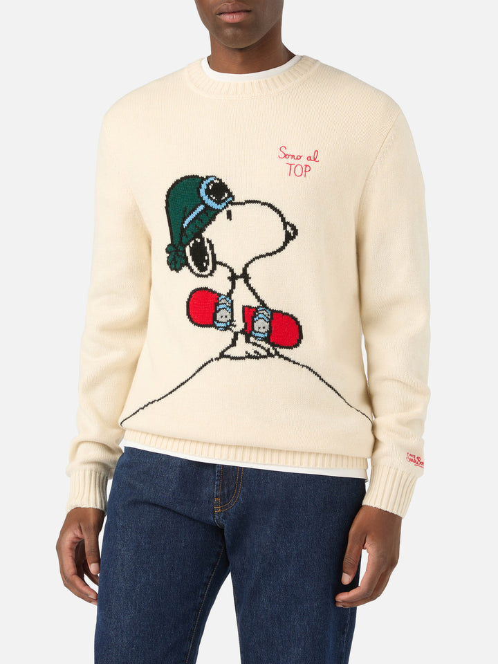 Pull en maille léger écru à col rond avec intarsia et broderie Snoopy | Special edition 