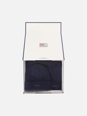 Set berretto e sciarpa blu navy in cashmere