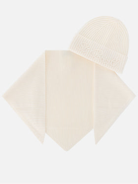 Set aus wollweißer Mütze und Kapuzenschal aus Wolle 