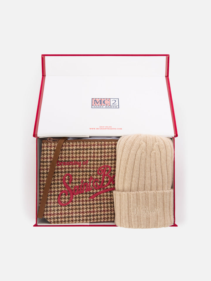 Ensemble Pochette avec motif pied-de-poule et bonnet beige 