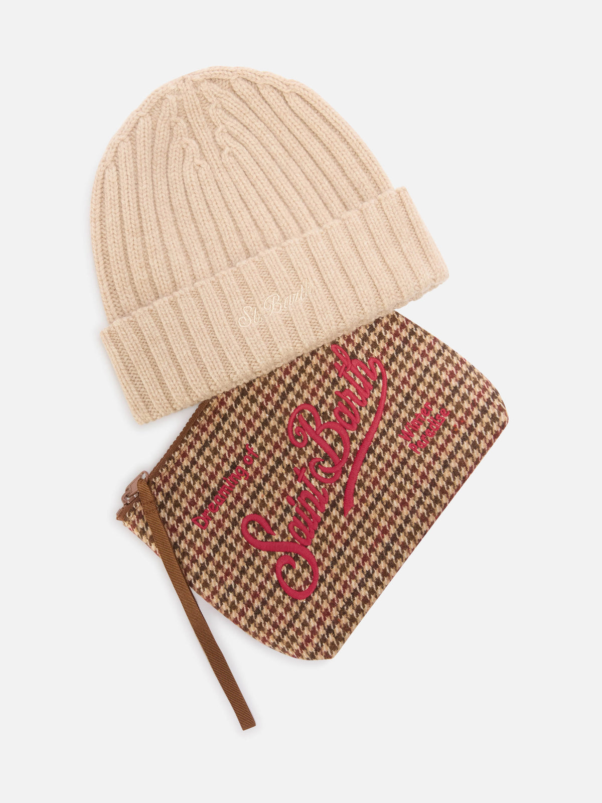 Set aus Pochette mit Hahnentrittmuster und beiger Beanie 
