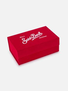 Set aus Pochette mit Hahnentrittmuster und beiger Beanie 
