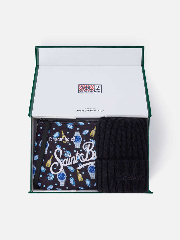 Conjunto de gorro negro y Pochette con estampado de ostras y relojes 