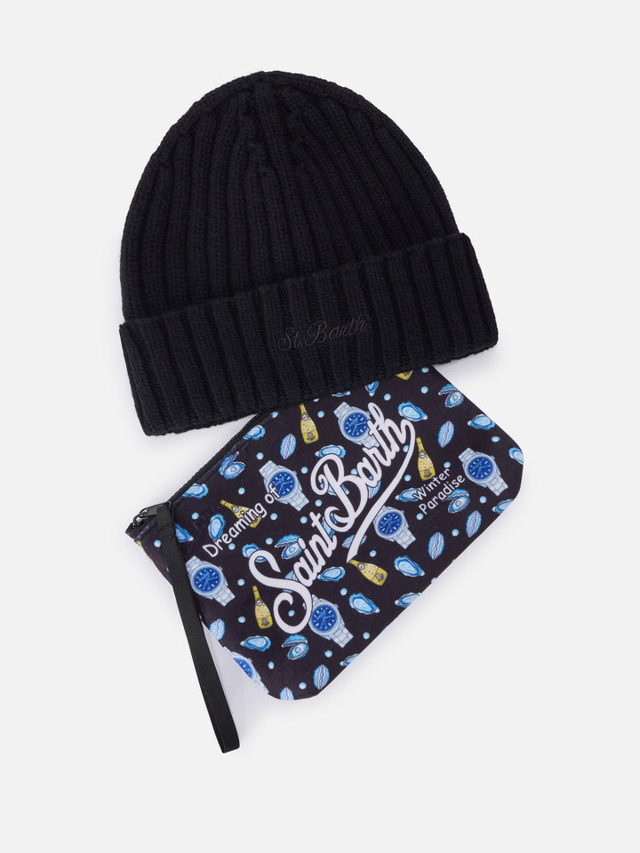 Conjunto de gorro negro y Pochette con estampado de ostras y relojes 