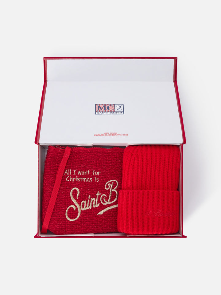 Pochette with Merry Christmas embroidery and red beanie set